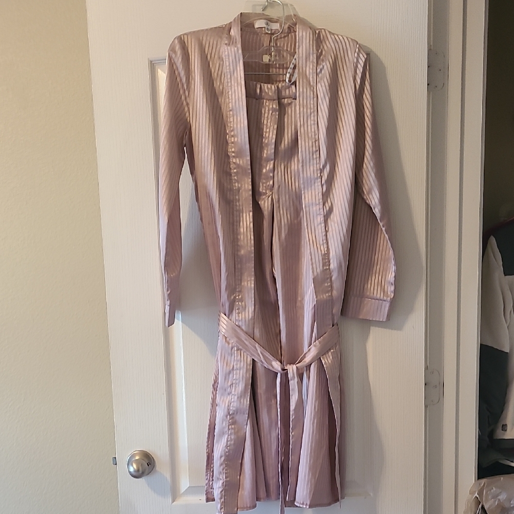 Missguided Robe & Pajama Bottom Set *Pink Striped Satin* Woman Sz S  NWOT